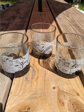 Vtg. McDonalds Hawaii Glass Tumblers Set 3 Surfing & Fishing Scene Smoke Glass